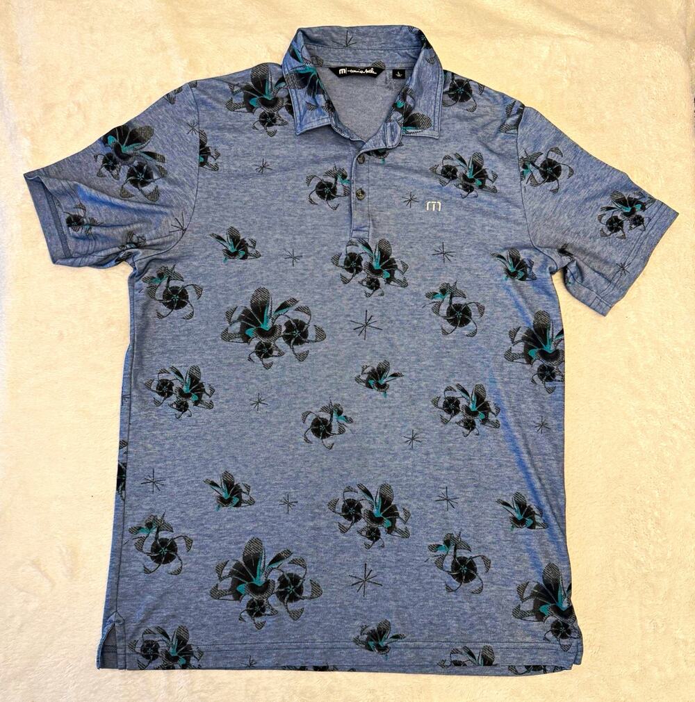 TravisMathew Polo Shirt Men L Blue Black Teal Floral Hawaiian Short Sleeve